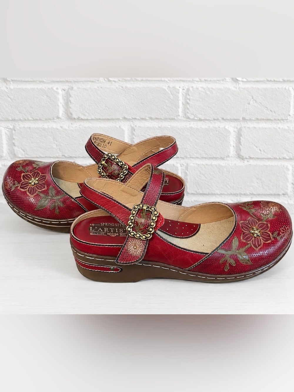 L’Artiste by Spring Step Floino Mary Jane Wedge Shoes Dark Red Multi EU 41 NEW
